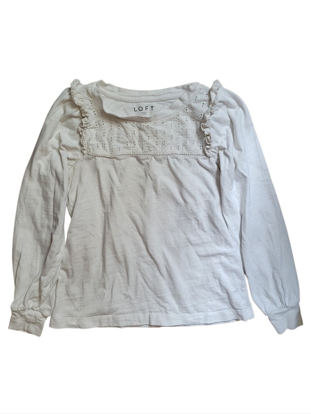 LOFT Eyelet Ruffle Long Sleeve Cotton Top Small